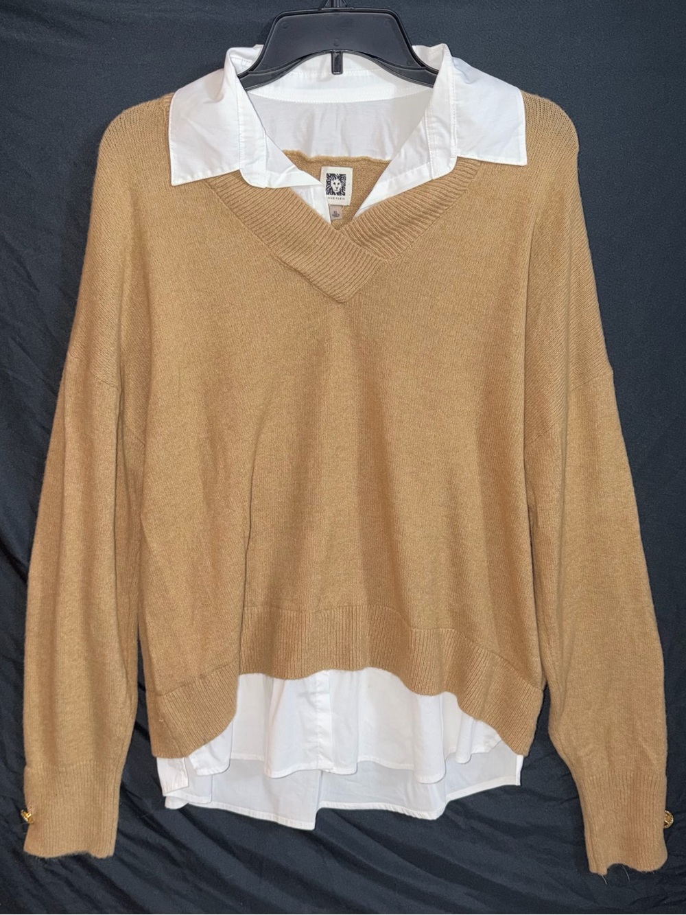 XL Anne Klein Layered Pullover Collared Shirt Tan White Preppy Long Sleeve EUC